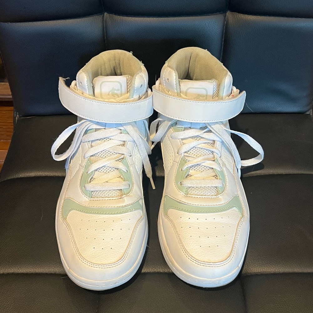 White and Seafoam Green High-Top Sneakers